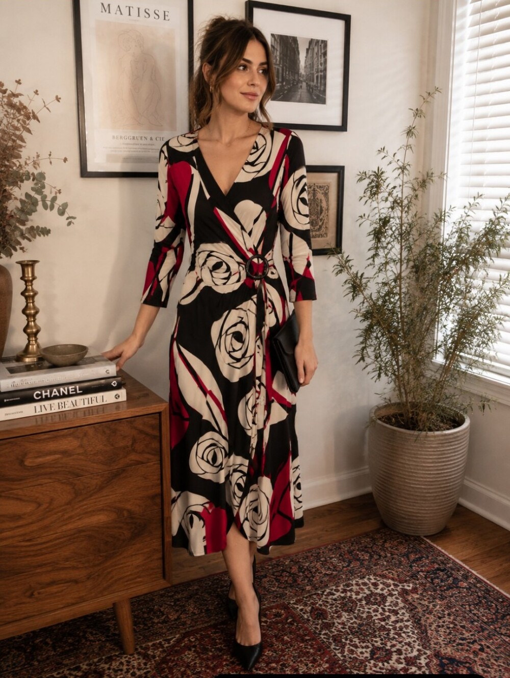David Meister Black, Cream & Red Floral Wrap Maxi Dress